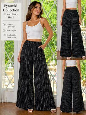 Pyramid Collection Black Polka Dot Palazzo Pants Size L | Wide Leg Boho